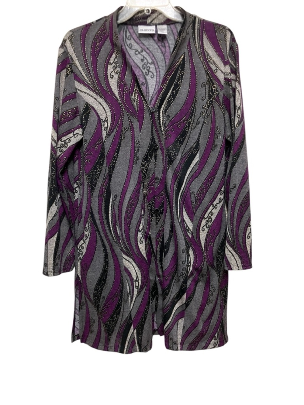 Chicos Sz 2 Open Cardigan Purple Gray Black Art To Wear Psychedelic  US Large
